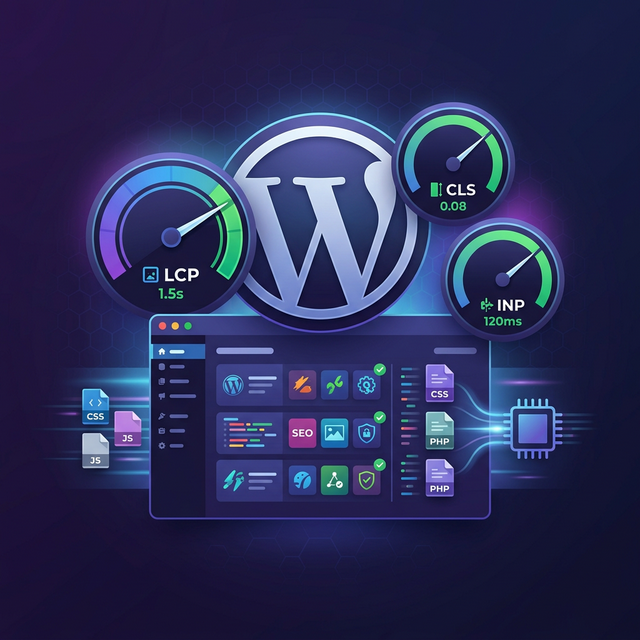 WordPress logo with Core Web Vitals performance gauges showing green scores