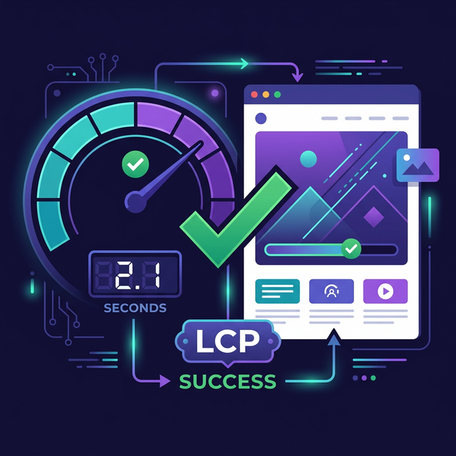 LCP speedometer illustration showing Largest Contentful Paint optimization