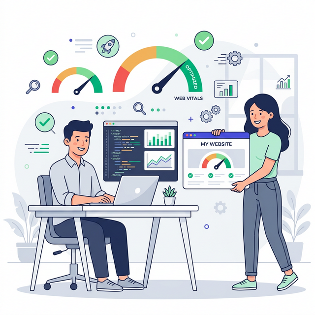 Performance engineer fixing Core Web Vitals on laptop with green gauges