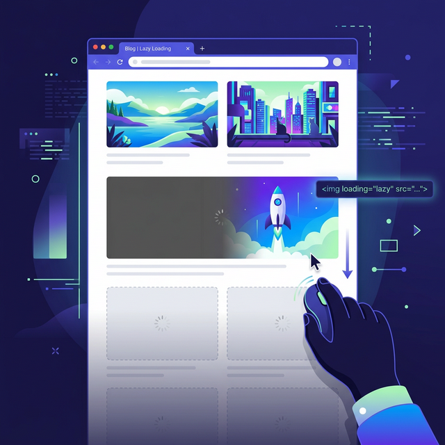 Lazy loading illustration showing images progressively appearing as user scrolls down a webpage